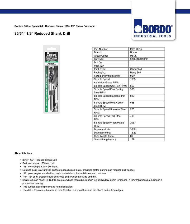 REDUCED SHANK DRILL 35/64" HSS | BORDO