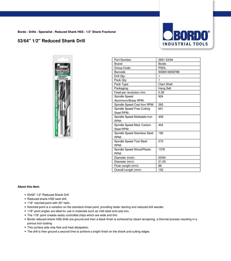 REDUCED SHANK DRILL 53/64" HSS | BORDO