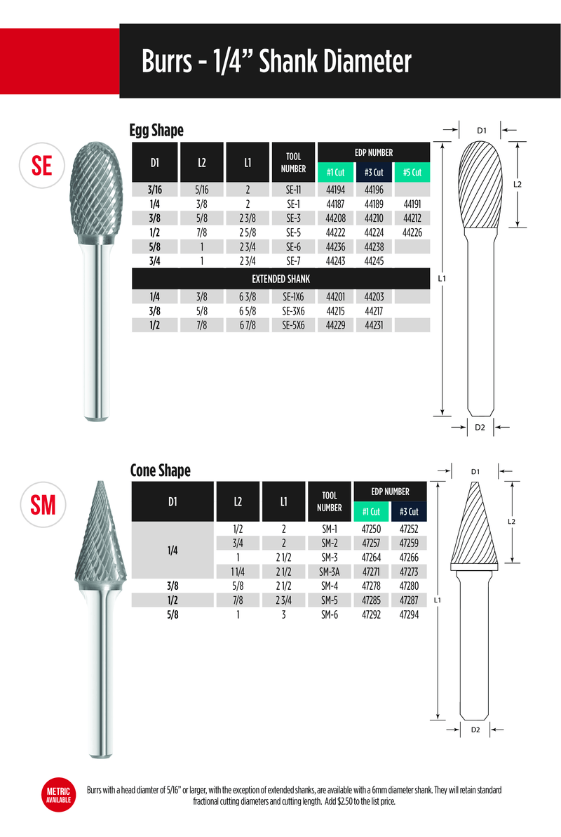 Catalog image of SE5 Carbide Burr made of solid carbide, designed for precision cutting and shaping in metalworking applications