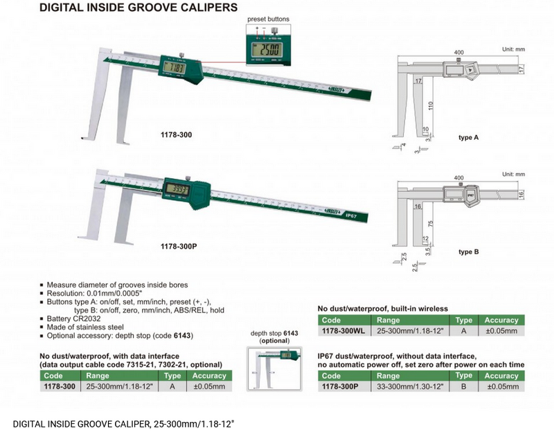 DIGITAL INSIDE GROOVE CALIPER - INSIZE 1178-300 25-300mm / 1.18-12"