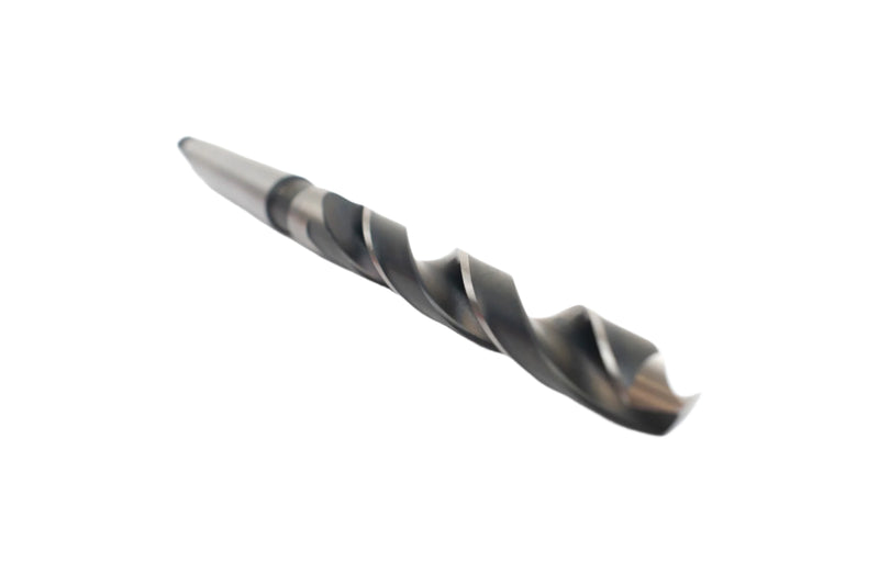 Angled view of a 12mm HEPYC Morse taper drill highlighting the fluting design for efficient chip removal.