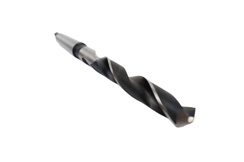 Angled view of a 16mm HEPYC Morse taper drill highlighting the fluting design for efficient chip removal
