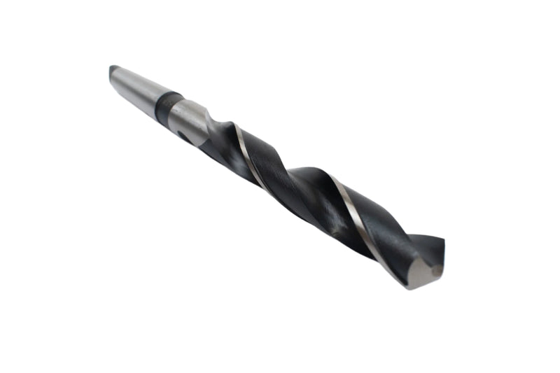 Angled view of an 18mm HEPYC Morse taper drill highlighting the fluting design for efficient chip removal.