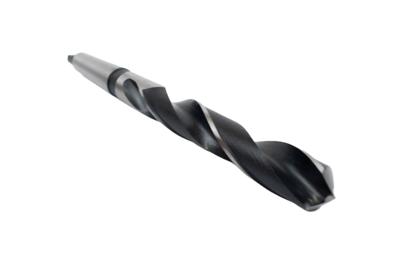 Angled view of a 23.5mm HEPYC Morse taper drill highlighting the fluting design for efficient chip removal.