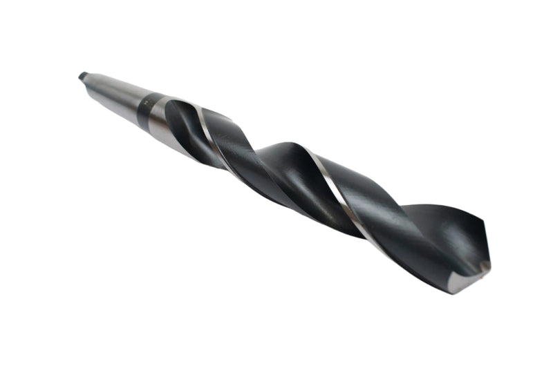 Angled view of a 27mm HEPYC Morse taper drill highlighting the fluting design for efficient chip removal.