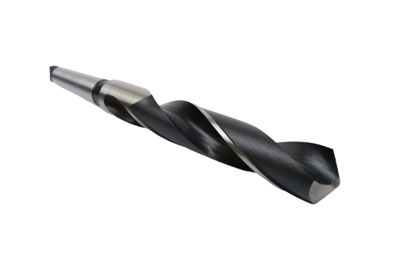 Angled view of a 30mm HEPYC Morse taper drill highlighting the fluting design for efficient chip removal
