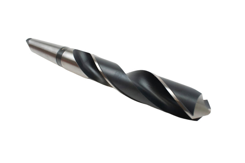 Angled view of a 33mm HEPYC Morse taper drill highlighting the fluting design for efficient chip removal