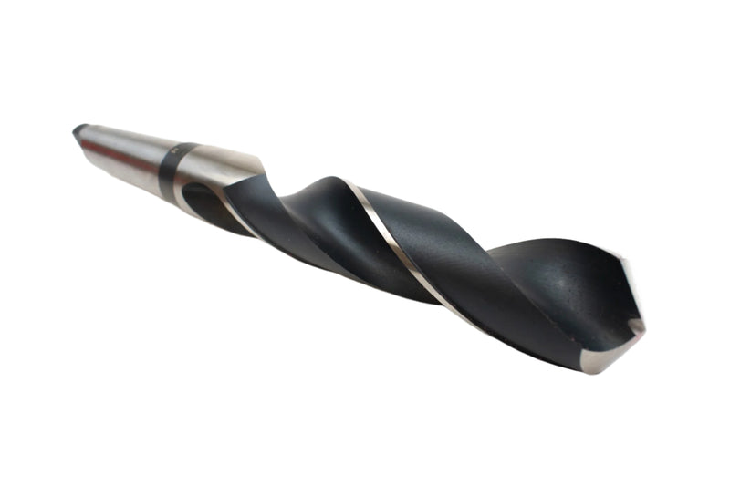 Angled view of a 36mm HEPYC Morse taper drill highlighting the fluting design for efficient chip removal.