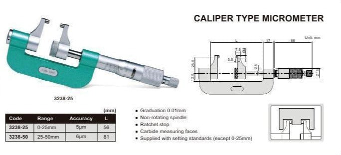 CALIPER TYPE MICROMETER | 0 - 25mm x 0.01mm | INSIZE 3238-25