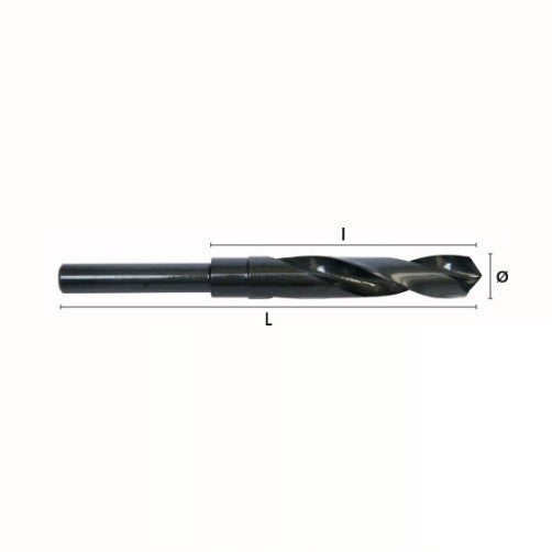 Somta image showing the dimensions of a 17/32" Reduced Shank Drill - A high-speed steel drill bit with a 17/32" (12.7mm) diameter (⌀), an overall length (L) of 152mm, and a flute length (l) of 80mm. The image highlights the reduced shank design, precision-ground point, and fluted sides for efficient chip removal and accurate drilling.