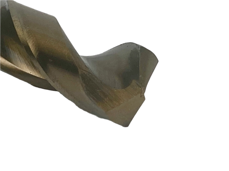 Close-up view of the drill point on a 13mm HEPYC reduced shank cobalt drill, showing the sharp cutting edges for precision drilling in tough materials.