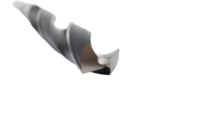 Close-up view of the drill point on a 23.5mm HEPYC Morse taper drill, showing sharp cutting edges for precise drilling.