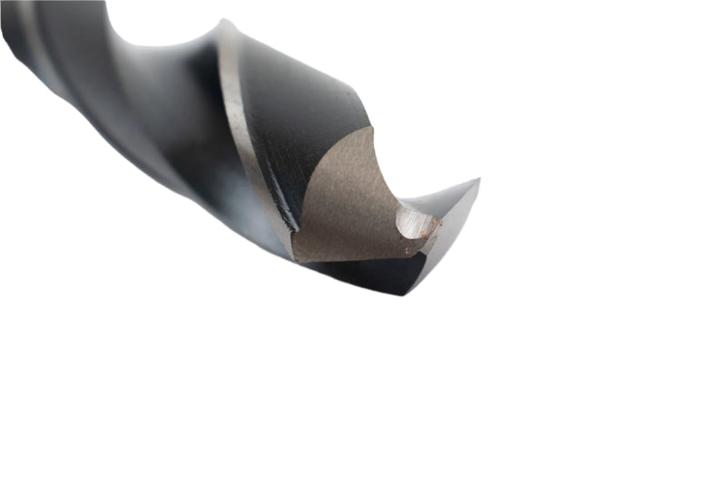 Close-up view of the drill point on a 25mm HEPYC Morse taper drill, showing sharp cutting edges for precise drilling.