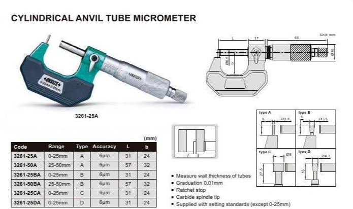 CYLINDRICAL ANVIL TUBE MICROMETER | 0 - 25mm x 0.01mm | INSIZE 3261-25DA
