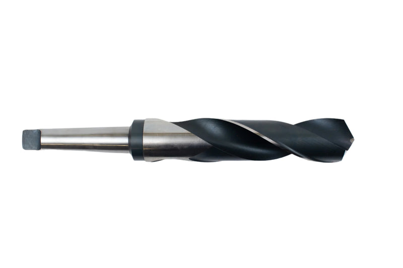 Side view of a 50mm Morse taper drill emphasizing the smooth finish and precision ground flutes.