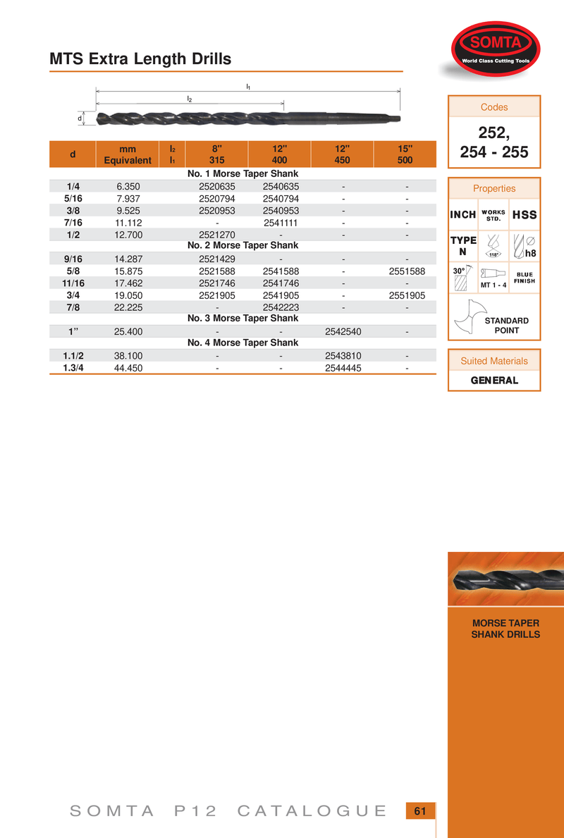 MORSE TAPER SHANK | 1/2" HSS Extra Length 315mm | Somta