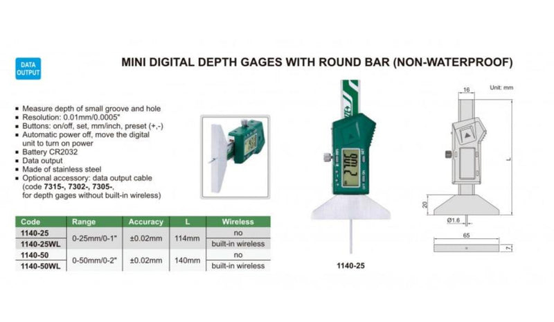 MINI DIGITAL DEPTH GAUGE WITH ROUND BAR - 1140-50