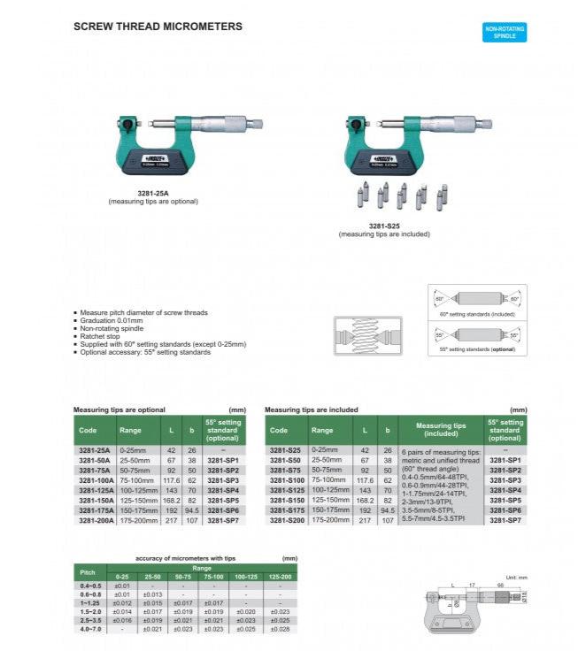 SCREW THREAD MICROMETER | 0 - 25mm x 0.01mm | INSIZE 3281-25A