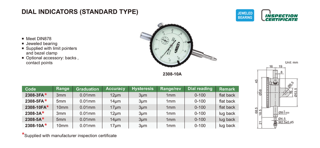 Dial Extension Insize DIAL INDICATOR - INSIZE 2308-10FA 10mm