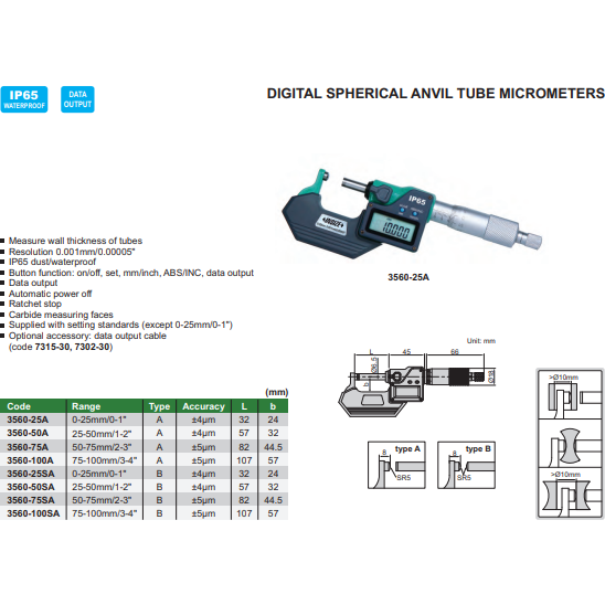 Spherical Tube DIGITAL SPHERICAL ANVIL TUBE MICROMETER - INSIZE 3560-25A 0-25mm / 0-1