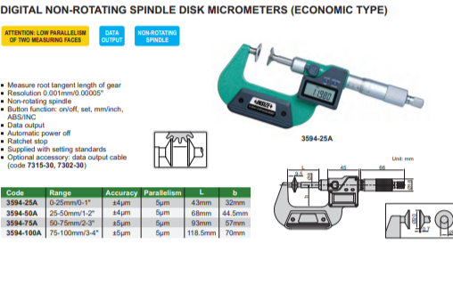 Mircrometer Spindle DIGITAL SPINDLE DISC MICROMETER 0-25MM - 3594-25A