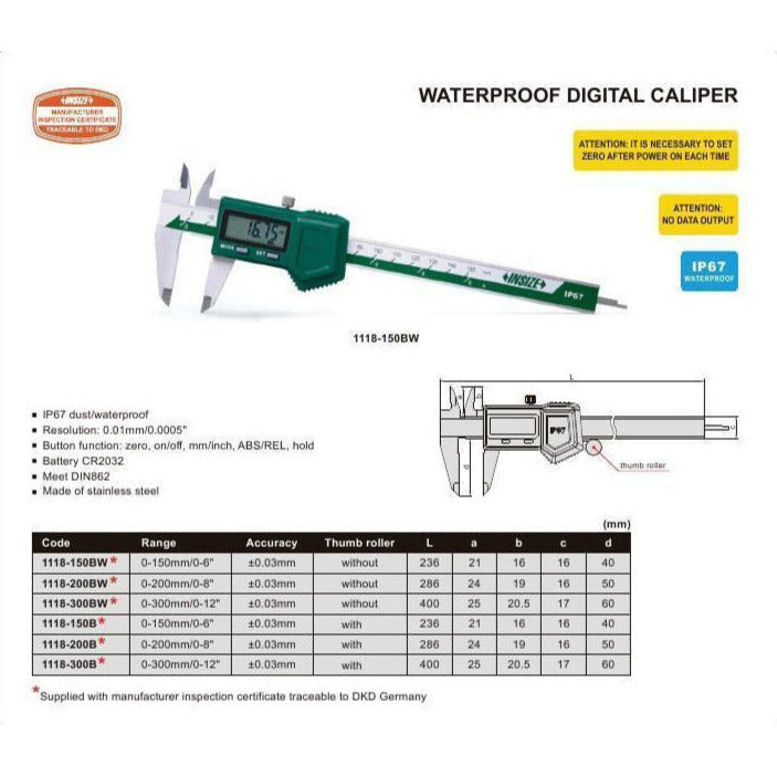 WATERPROOF DIGITAL CALIPER | 0 - 200mm x 0.01mm | INSIZE 1118-200B