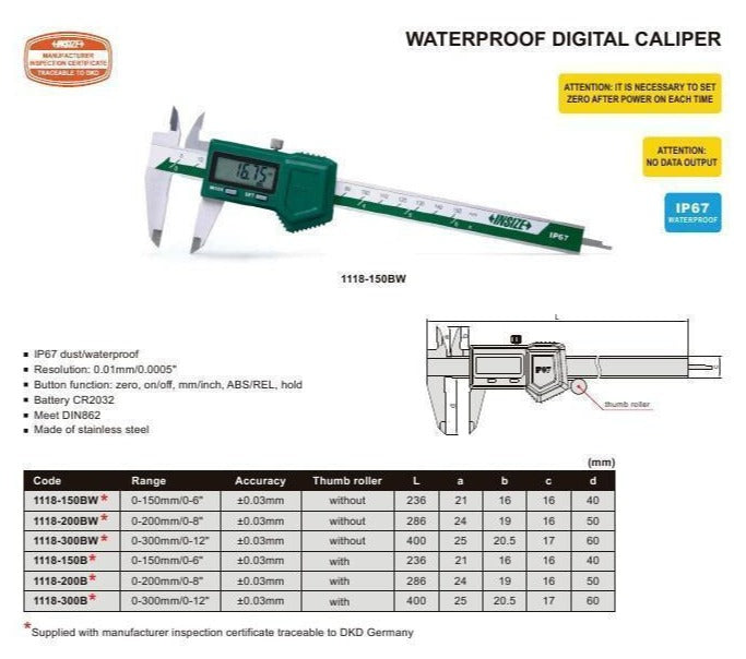 WATERPROOF DIGITAL CALIPER - INSIZE 1118-300B 0-300mm / 0-12"