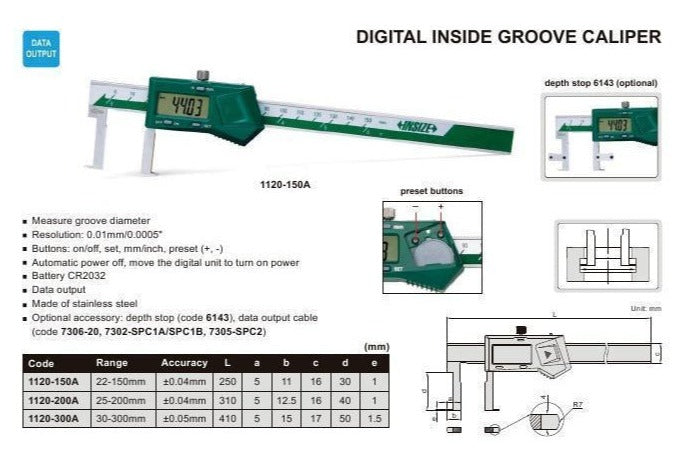 DIGITAL INSIDE GROOVE CALIPER - INSIZE 1120-150A 22-150mm