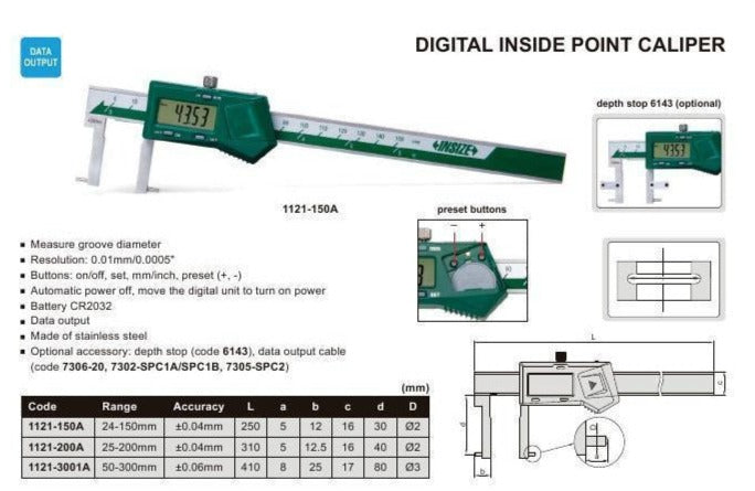 DIGITAL INSIDE POINT CALIPER - INSIZE 1121-150A 24-150mm