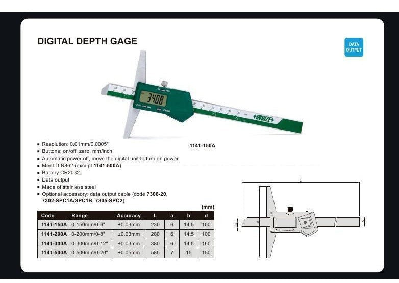 DIGITAL DEPTH GAUGE - INSIZE 1141-150A 0-150mm / 0-6"
