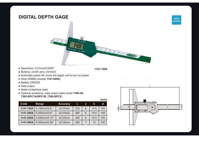 0-200mm x 0.01mm | Digital Depth Gauge 1141-200A