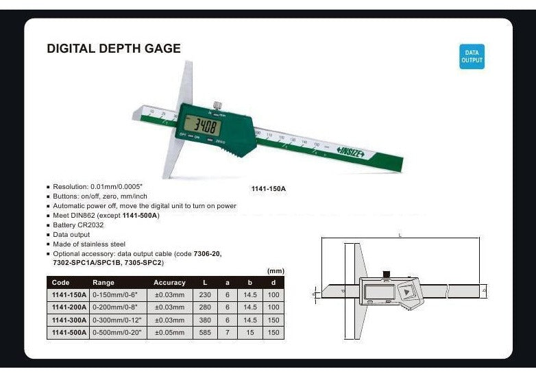 DIGITAL DEPTH GAUGE - INSIZE 1141-300A 0-300mm / 0-12"