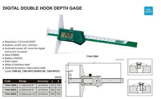 DIGITAL DOUBLE HOOK DEPTH GAUGE - INSIZE 1144-150A 0-150mm / 0-6"