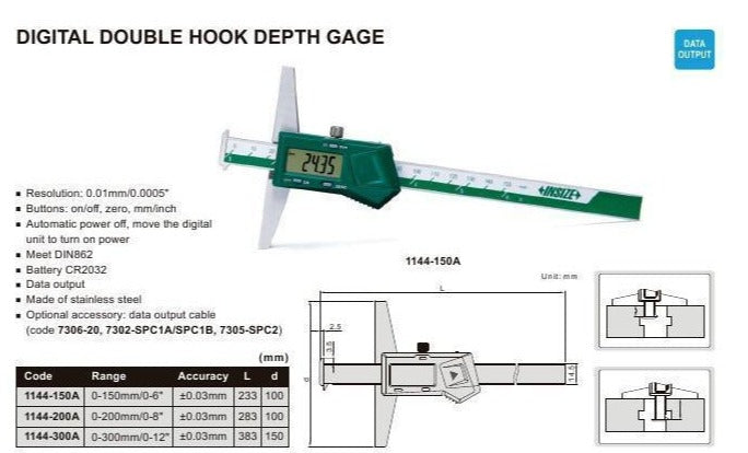 DIGITAL DOUBLE HOOK DEPTH GAUGE - INSIZE 1144-200A 0-200mm / 0-8"