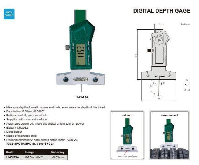 DIGITAL DEPTH GAUGE | 0 - 25mm x 0.01mm | INSIZE 1145-25A