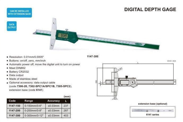 DIGITAL DEPTH GAUGE - INSIZE 1147-200 0-200mm / 0-8"