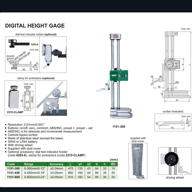 DIGITAL HEIGHT GAUGE - INSIZE 1151-450 0-450mm / 0-18"