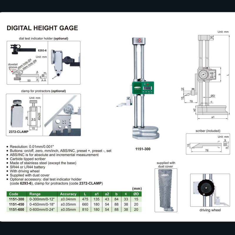 MINI DIGITAL HEIGHT GAUGE - INSIZE 1146-20B 0-20mm / 0-0.8"