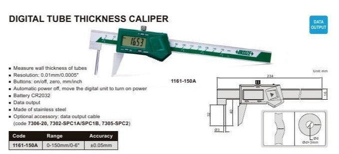 DIGITAL TUBE THICKNESS CALIPER - INSIZE 1161-150A 0-150mm / 0-6"