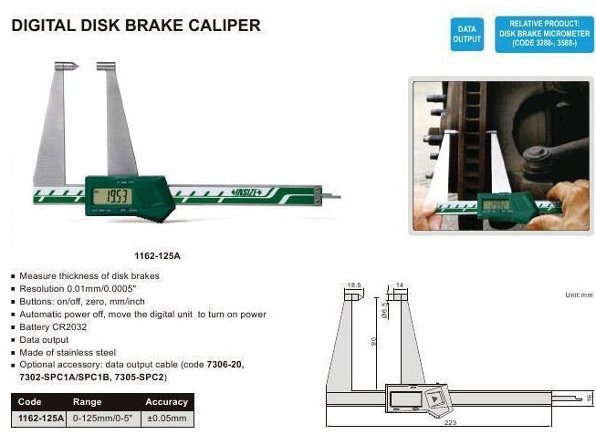 DIGITAL DISC BRAKE CALIPER - INSIZE 1162-125A 0-125mm / 0-5"