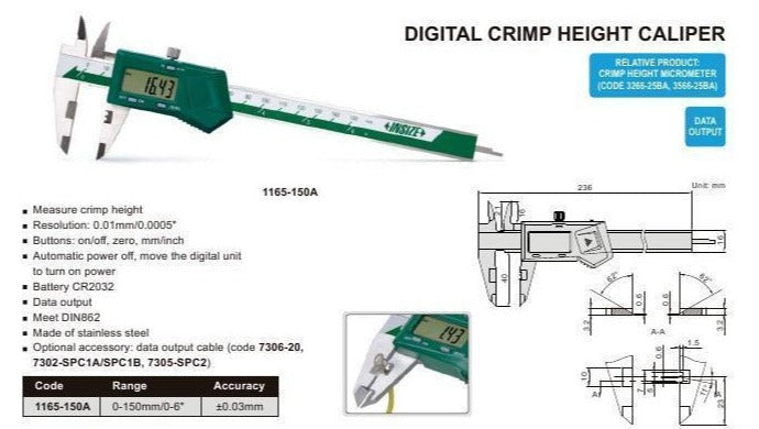 DIGITAL CRIMP HEIGHT CALIPER - INSIZE 1165-150A 0-150mm / 0-6"