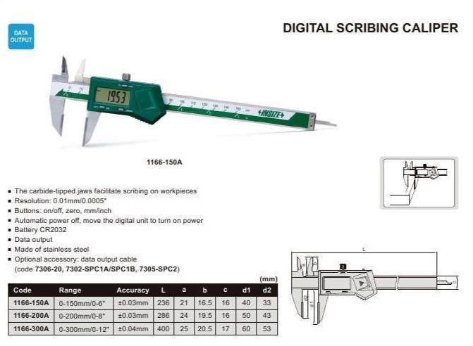 DIGITAL SCRIBING CALIPER - INSIZE 1166-200A 0-200mm / 0-8"