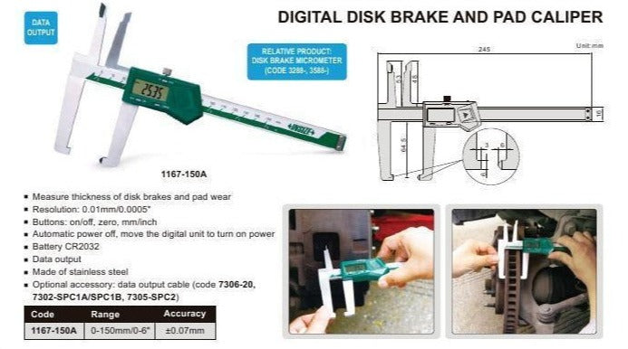 DIGITAL DISC BRAKE & PAD CALIPER - INSIZE 1167-150A 0-150mm / 0-6"