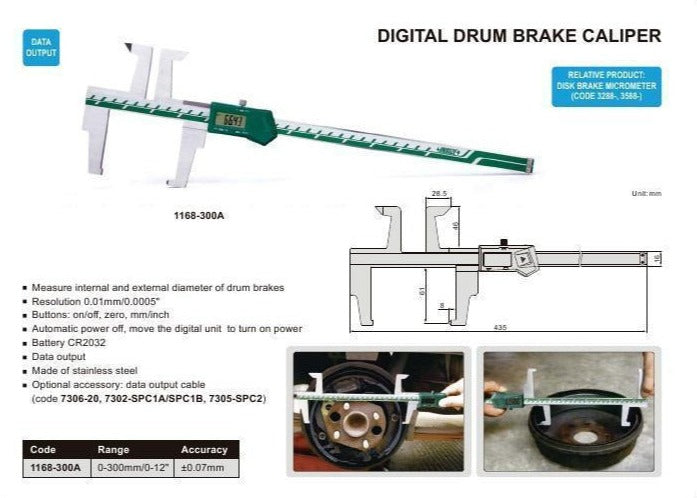 DIGITAL DRUM BRAKE CALIPER - INSIZE 1168-300A 0-300mm / 0-12"