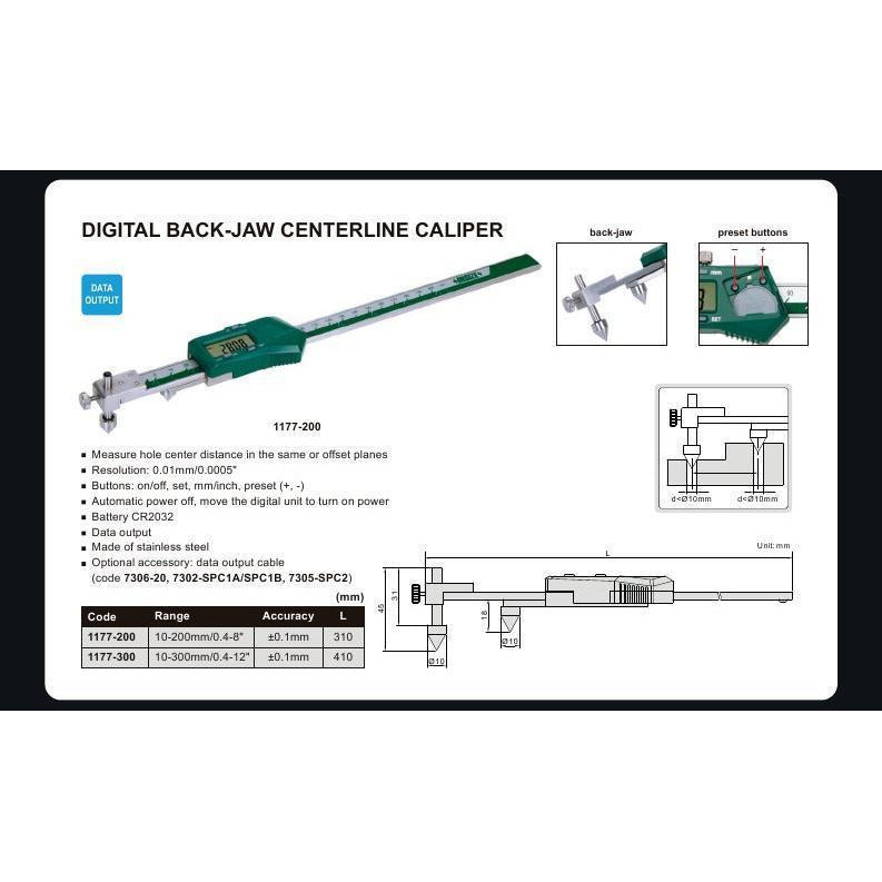 DIGITAL BACK-JAW CALIPER - INSIZE 1177-200 10-200mm / 0.4-8"