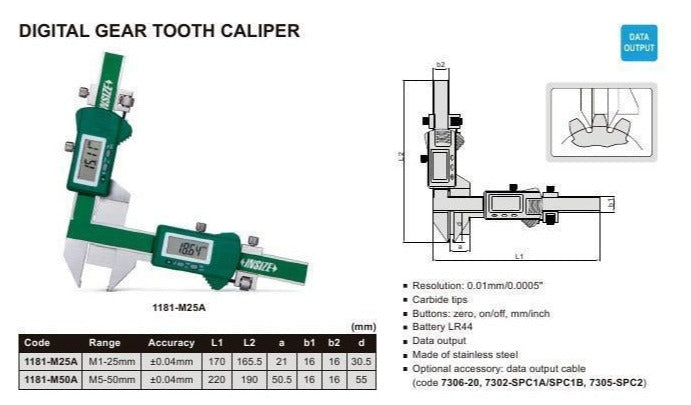 DIGITAL GEAR TOOTH CALIPER - INSIZE 1181-M25A 1-25mm