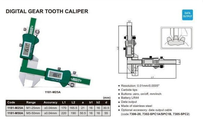 DIGITAL GEAR TOOTH CALIPER | 5 - 50mm x 0.01mm | INSIZE 1181-M50A