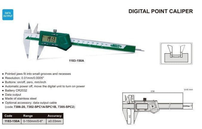 DIGITAL POINT CALIPER - INSIZE 1183-150A 0-150mm / 0-6"