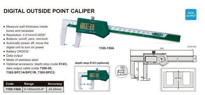 DIGITAL OUTSIDE POINT CALIPER - INSIZE 1185-150A 0-150mm / 0-6"