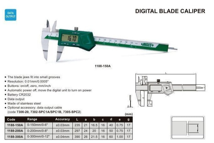 DIGITAL BLADE CALIPER - INSIZE 1188-200A 0-200mm / 0-8"